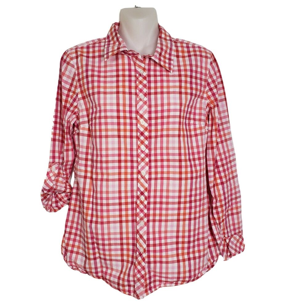 Talbots Petites Womens Top Sz Sp Small Button Gingham Check Pink Tab Long Sleeve